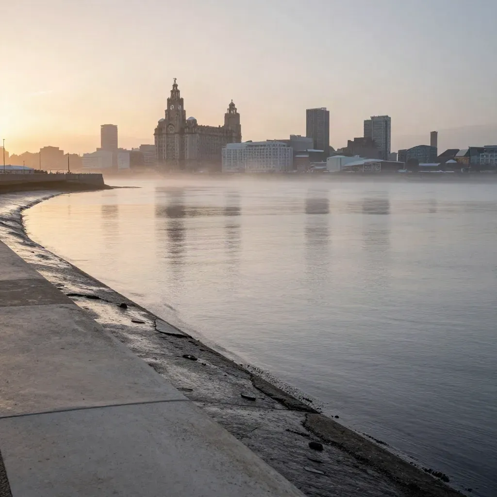 Mersey waterfront at sunrise with mist, pale seawall, tidal water and Liverpool skyline.