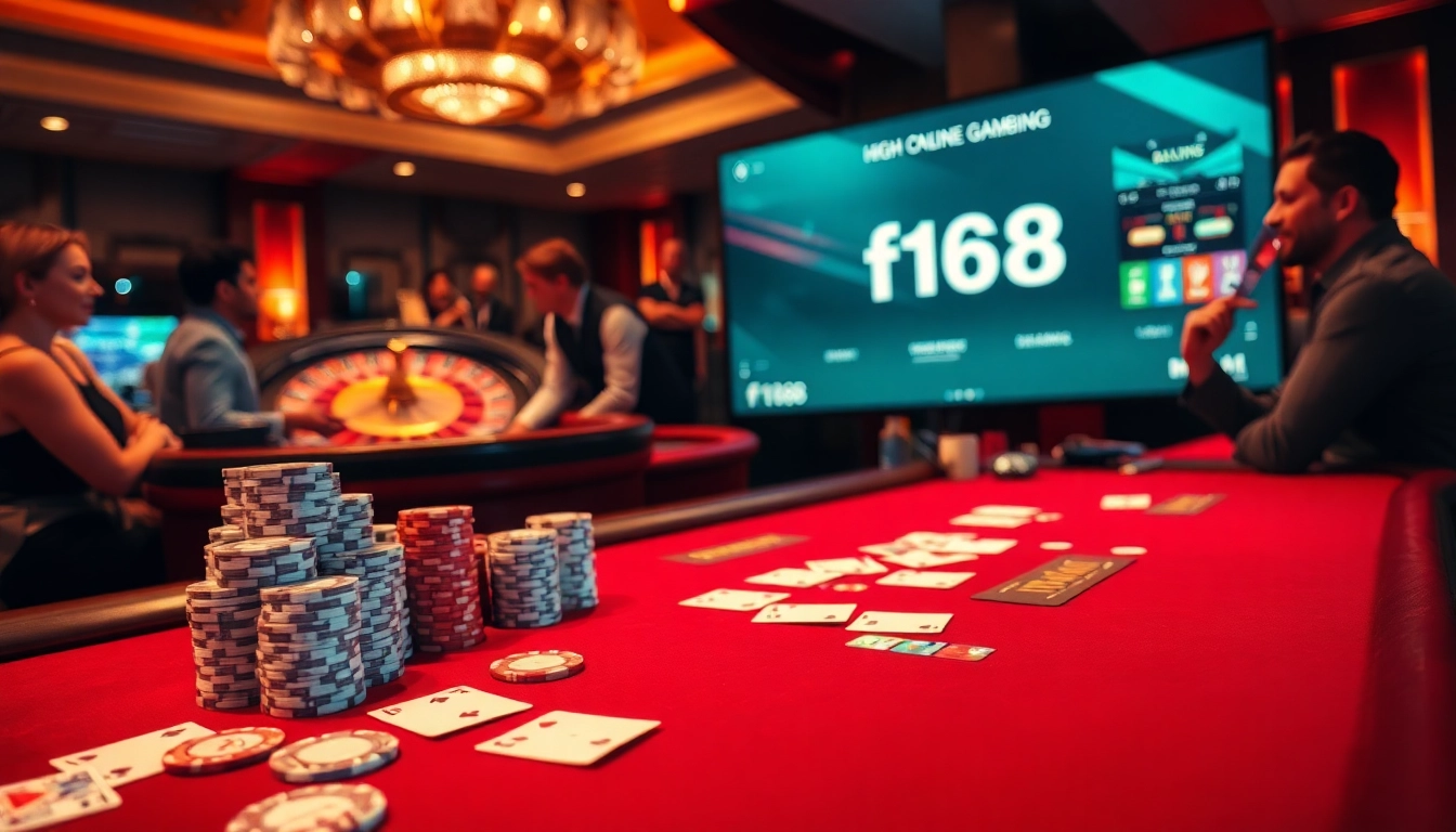 Exciting casino environment showcasing f168's poker table with vibrant playing cards and chips.