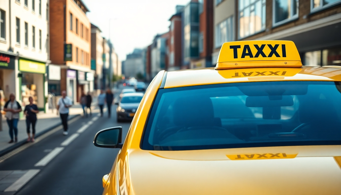Woking taxi showcasing vibrant urban life in the bustling town center.