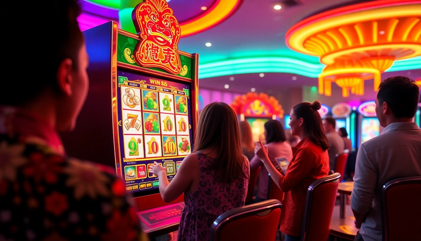 Exciting scene of players enjoying the doaslot slot machine game in a vibrant casino atmosphere.