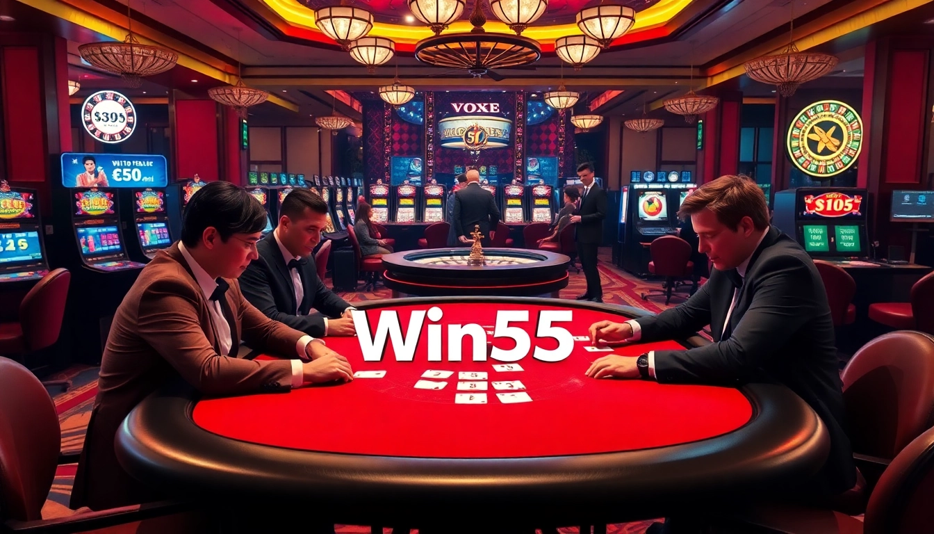 Win55 players strategizing at an upscale poker table in a luxurious casino atmosphere.