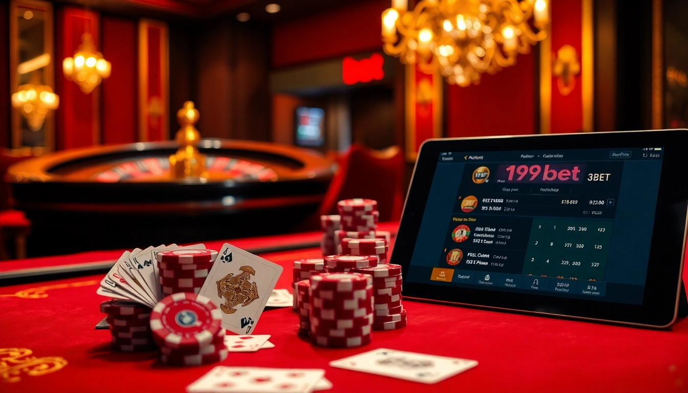 39bet showcases a vibrant casino scene with poker chips and cards on a high-stakes table, enhancing the gambling thrill.
