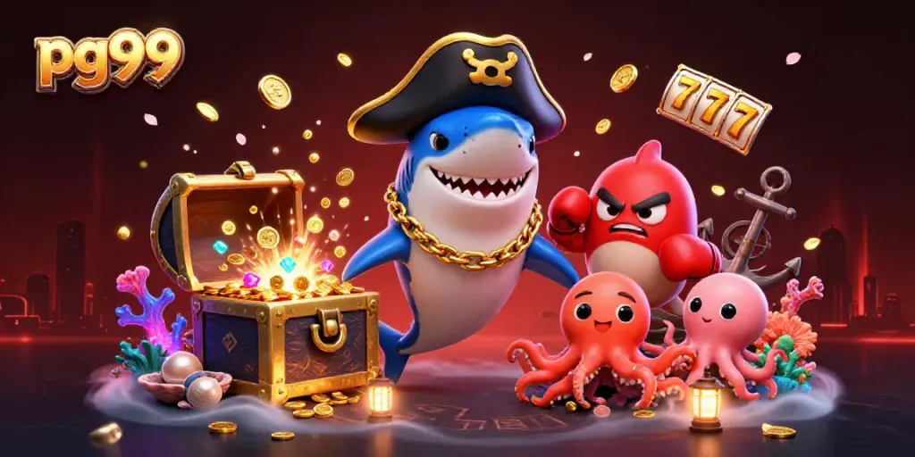 Engaging pg99 illustration featuring a pirate shark, pufferfish, and octopus amid casino elements.