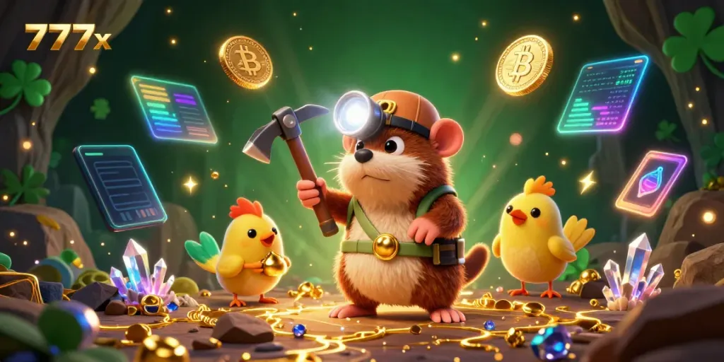 Engage in thrilling gameplay at 777x with a treasure hunter mole uncovering gems and crypto coins in a vibrant, illuminated cave scene.