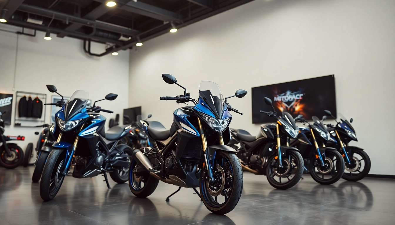 Showroom présentant les derniers modèles de motos Motopaco avec équipements et accessoires.