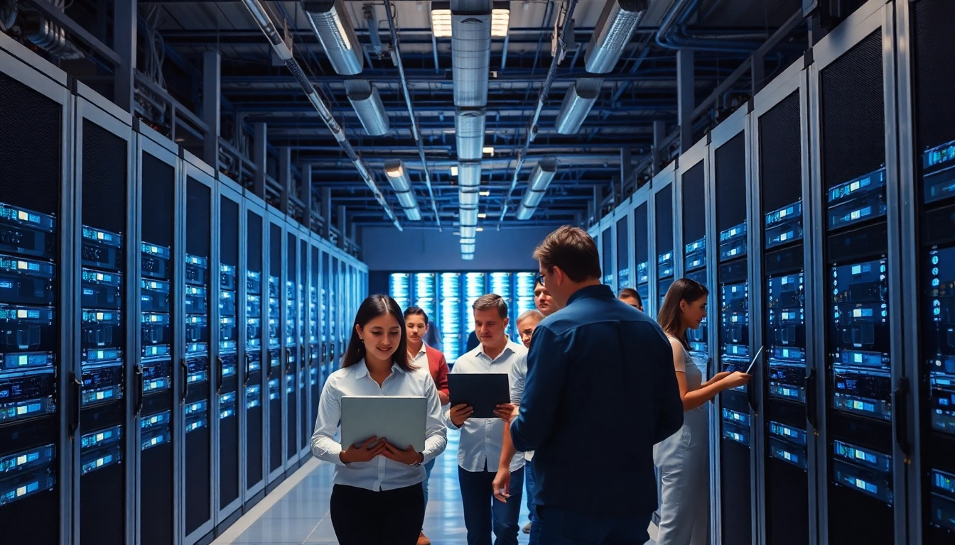 Explore cheap colocation services in a vibrant data center with IT specialists managing servers.