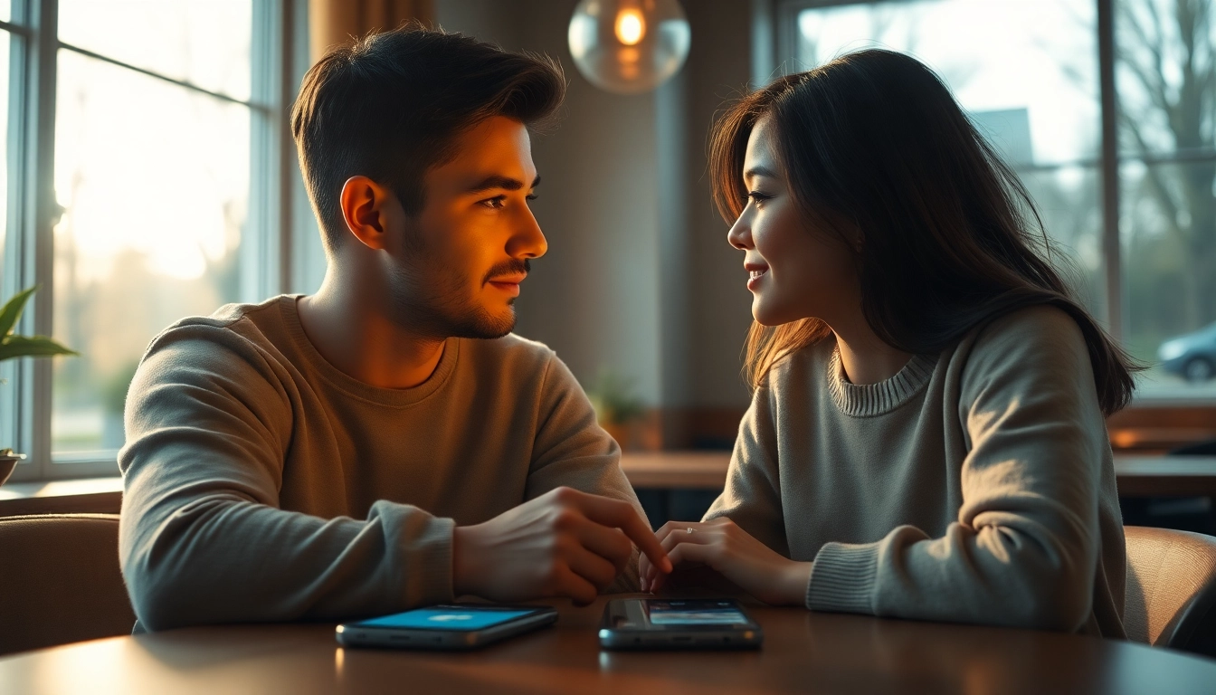 Engaging couple enjoying a chat about girlfriend AI in a cozy cafe.