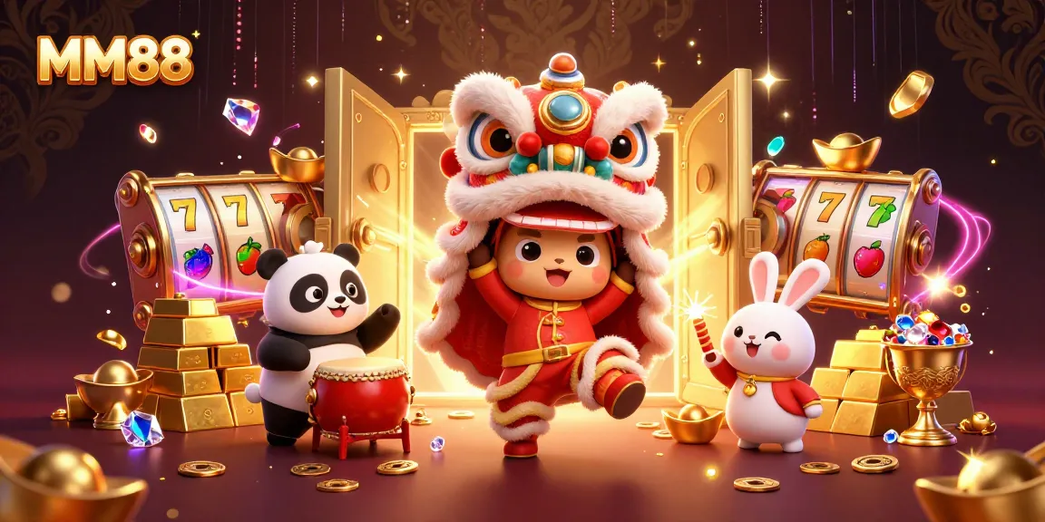 Experience MM88 excitement with a vibrant casino scene featuring lively characters and dazzling treasures.