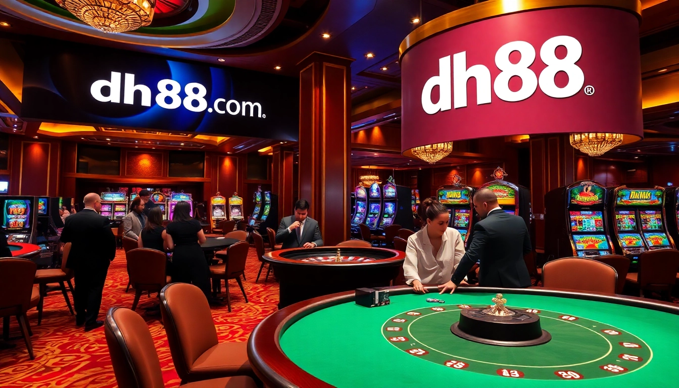 Experience the excitement at dh88.com with players around a poker table and roulette wheel.