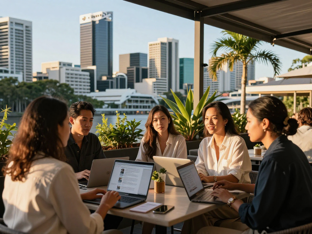 Airbnb management Brisbane property owners collaborating over short-term rental strategies in an urban setting.