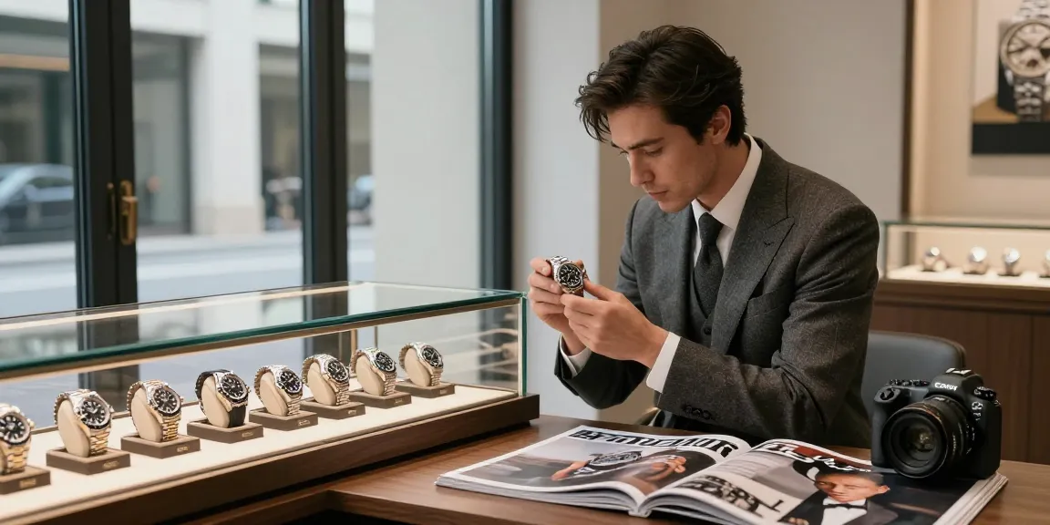Exploring premium clone watches in a stylish boutique, showcasing luxury replicas like Rolex.