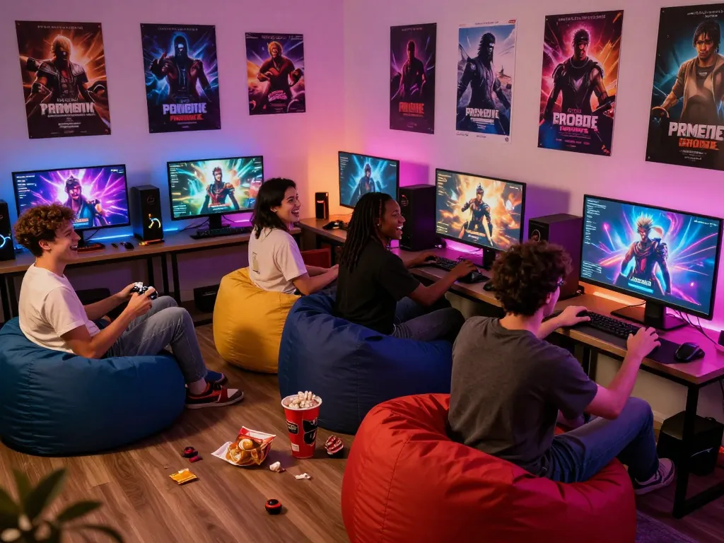 Exciting gaming lounge scene showcasing players enjoying diverse porn games online, vibrant atmosphere with interactive screens and cozy details.