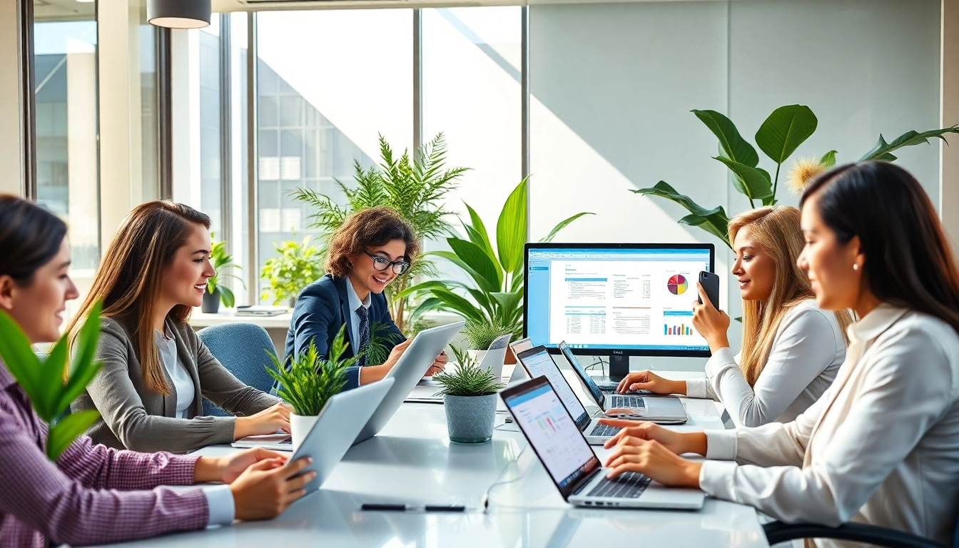 专业人士在现代办公室协作，使用多设备的 WPS Office 软件。