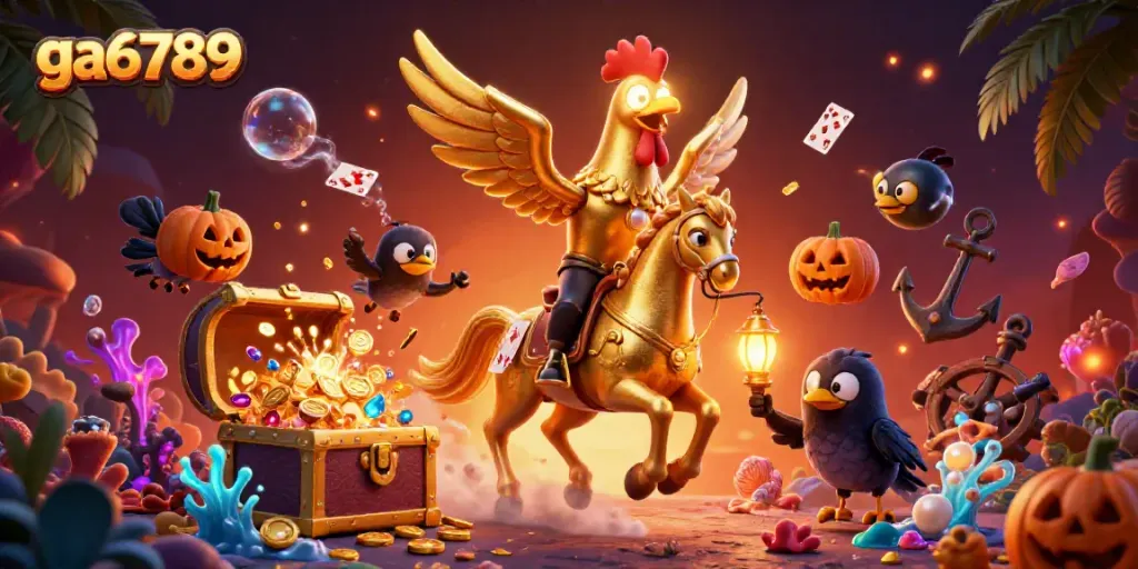 Experience the excitement of ga6789 with golden rooster characters amidst a vibrant casino scene.