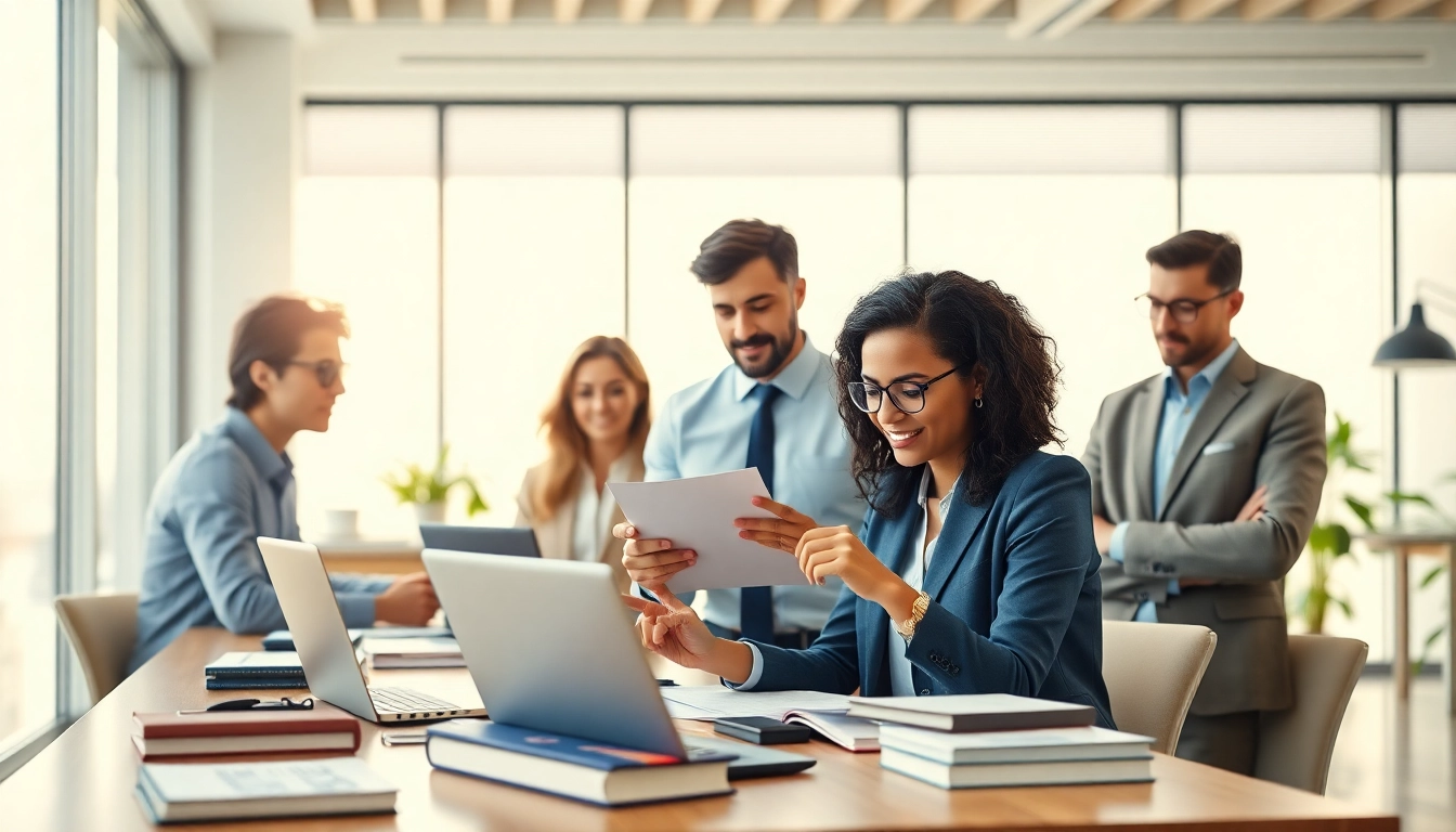 Professional translators collaborating on certified translation projects in a modern office