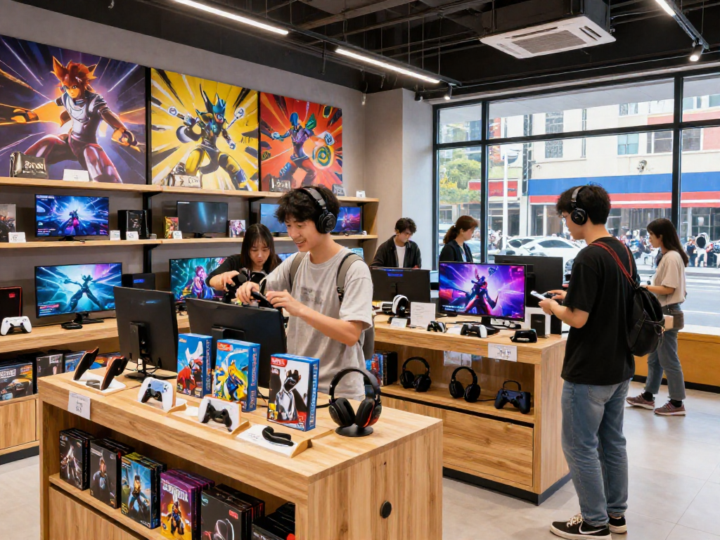 Explore rokok88 gaming store with vibrant displays and joyful gamers unboxing new titles in a modern shopping experience.