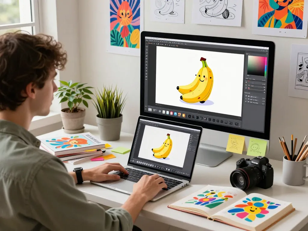 Digital artist using nano banana ai in a vibrant creative workspace, generating stunning visuals.