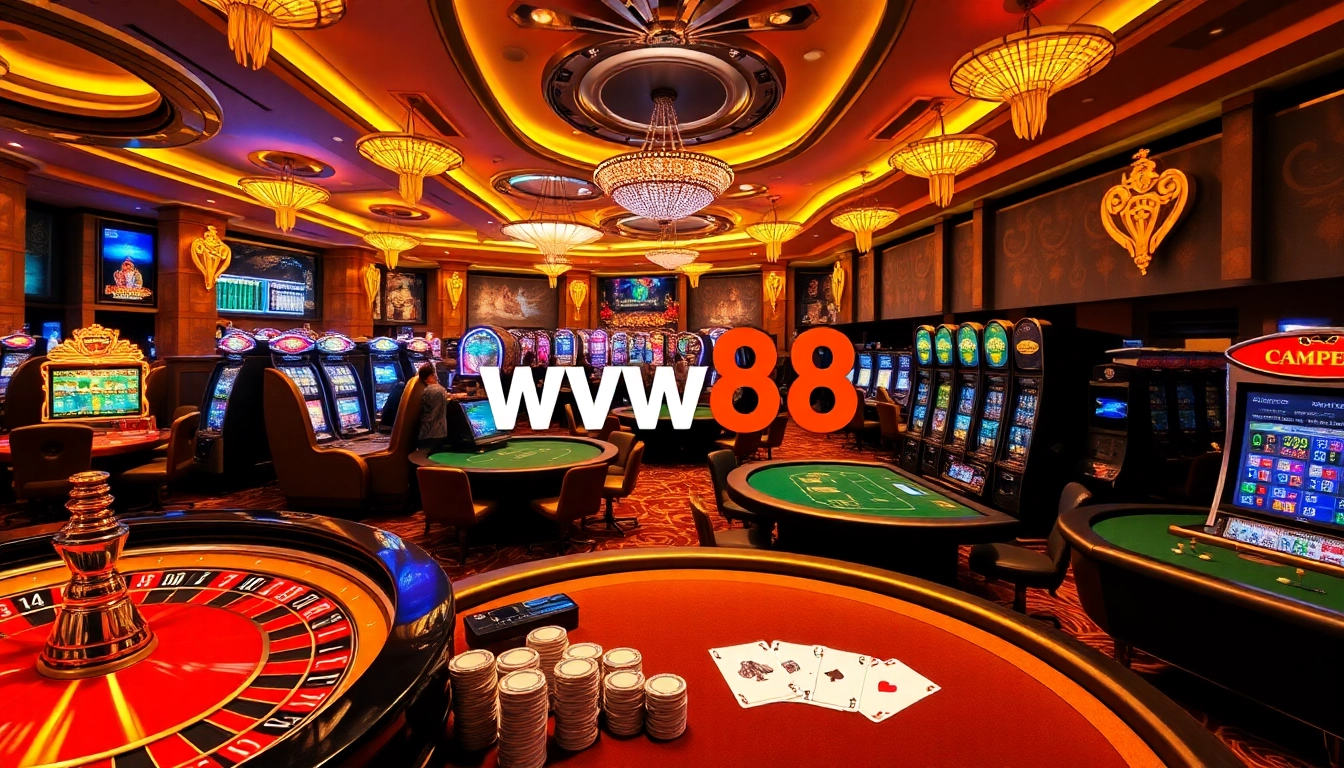 Experience thrilling gameplay at ww88 with a bustling casino atmosphere, featuring vibrant slot machines and poker tables.