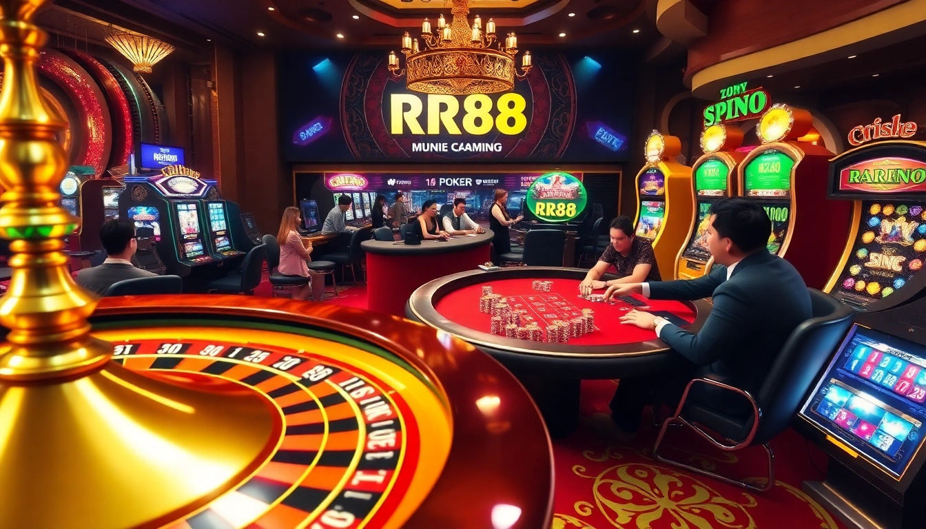 Exciting gaming action at Nhà Cái RR88 with elegant poker tables and vibrant slot machines.