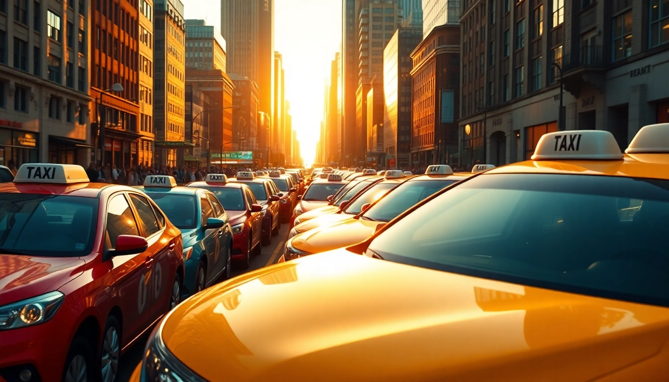 Taxis parked on a bustling city street illuminated by warm sunset light.