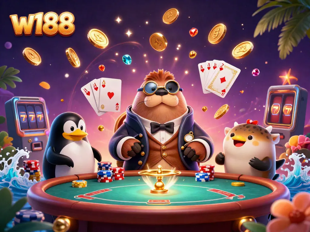 Experience exciting gameplay with w188's underwater casino featuring a walrus playing poker with a dealer and a bluffing pufferfish.