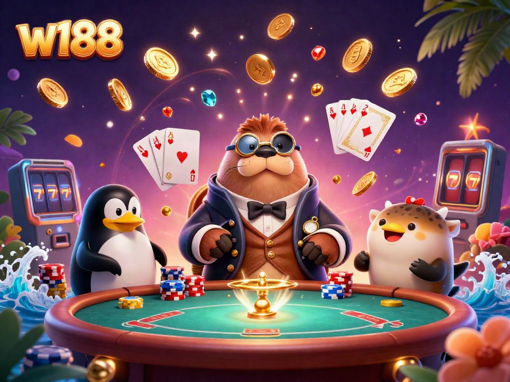 Experience exciting gameplay with w188's underwater casino featuring a walrus playing poker with a dealer and a bluffing pufferfish.