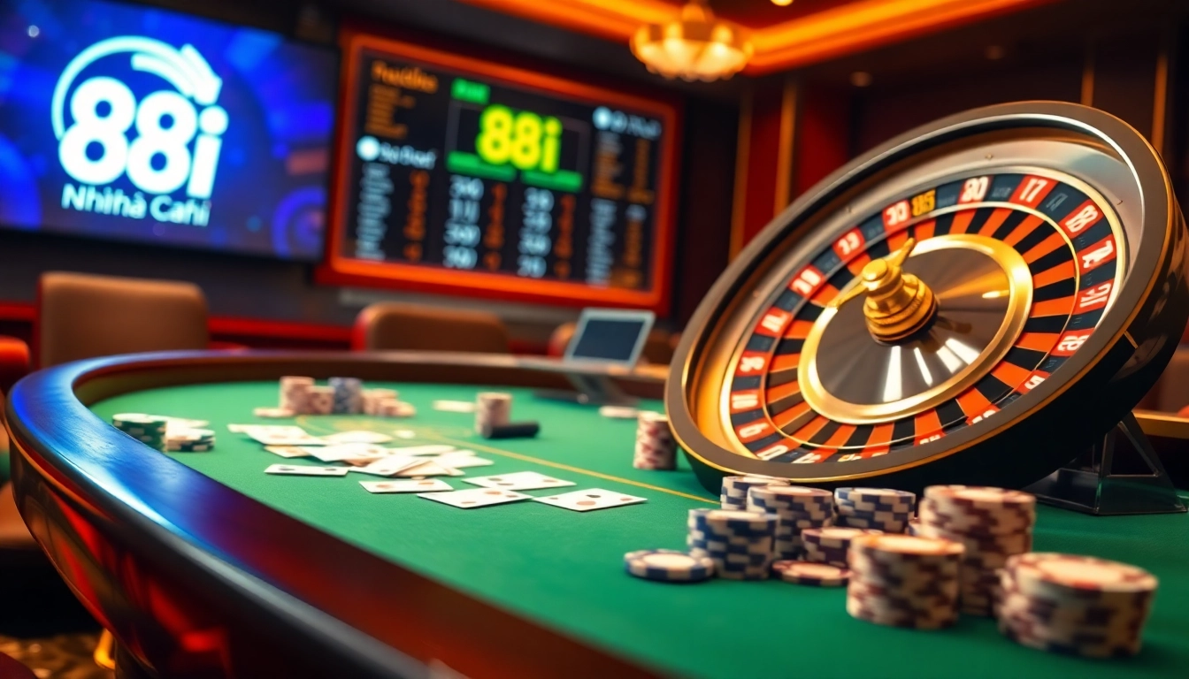 Experience the thrill of 88i nhà cái with vibrant poker chips and a roulette wheel.