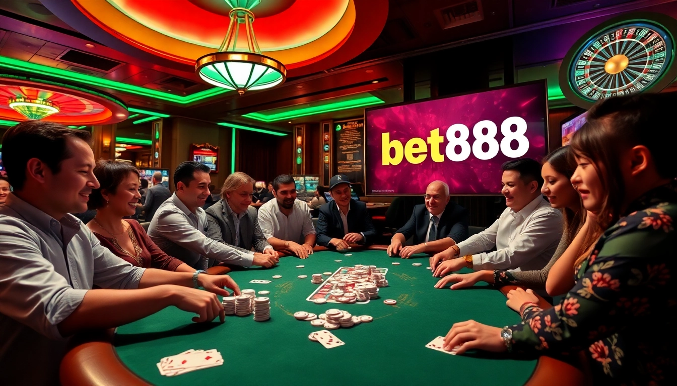 Players at a poker table in a lively casino atmosphere showcasing the excitement at https://bet888.solutions/, featuring chips and cards in play.