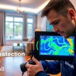 Technician performing Leak Detection Cornwall using thermal imaging technology in a modern home.