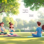 Explore the benefits of mental health gamification in an animated park scene showcasing mindfulness exercises.