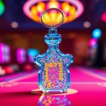 Showcase an acrylic keychain custom shaped like a gaming character with vibrant colors.