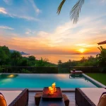 Enhance your villa management Phuket experience with a stunning sunset view of a luxurious villa in a tropical setting.