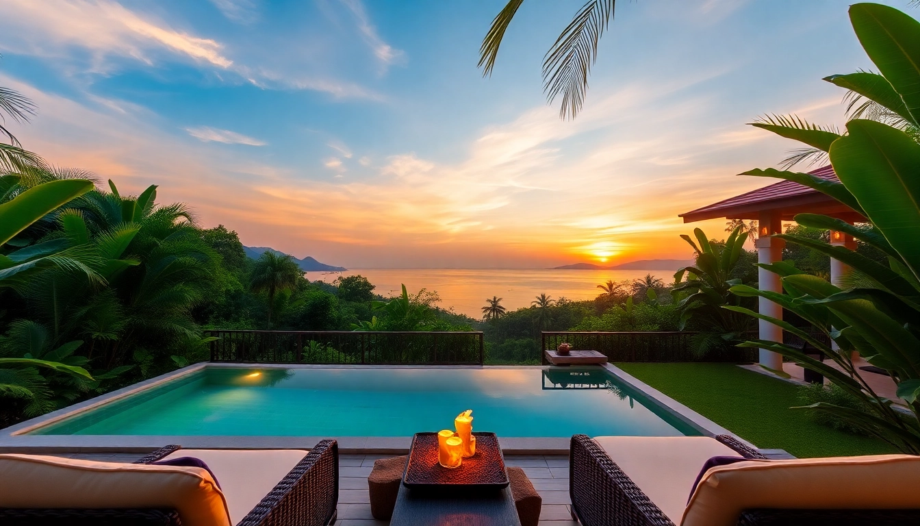 Enhance your villa management Phuket experience with a stunning sunset view of a luxurious villa in a tropical setting.