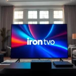 View of a modern living room showcasing iron tv pro on a sleek screen.