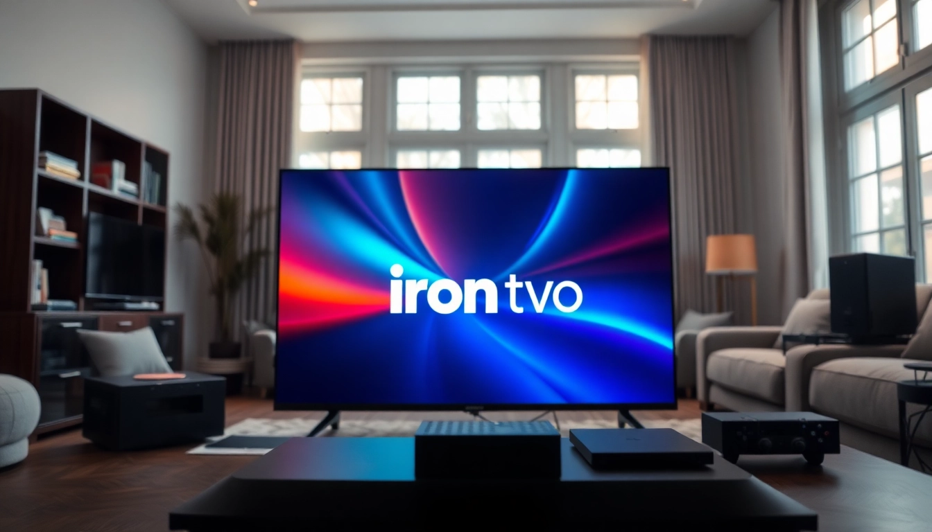 View of a modern living room showcasing iron tv pro on a sleek screen.