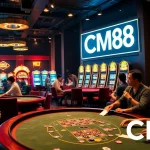 Exciting CM88 casino atmosphere featuring poker, roulette, and slot machines.