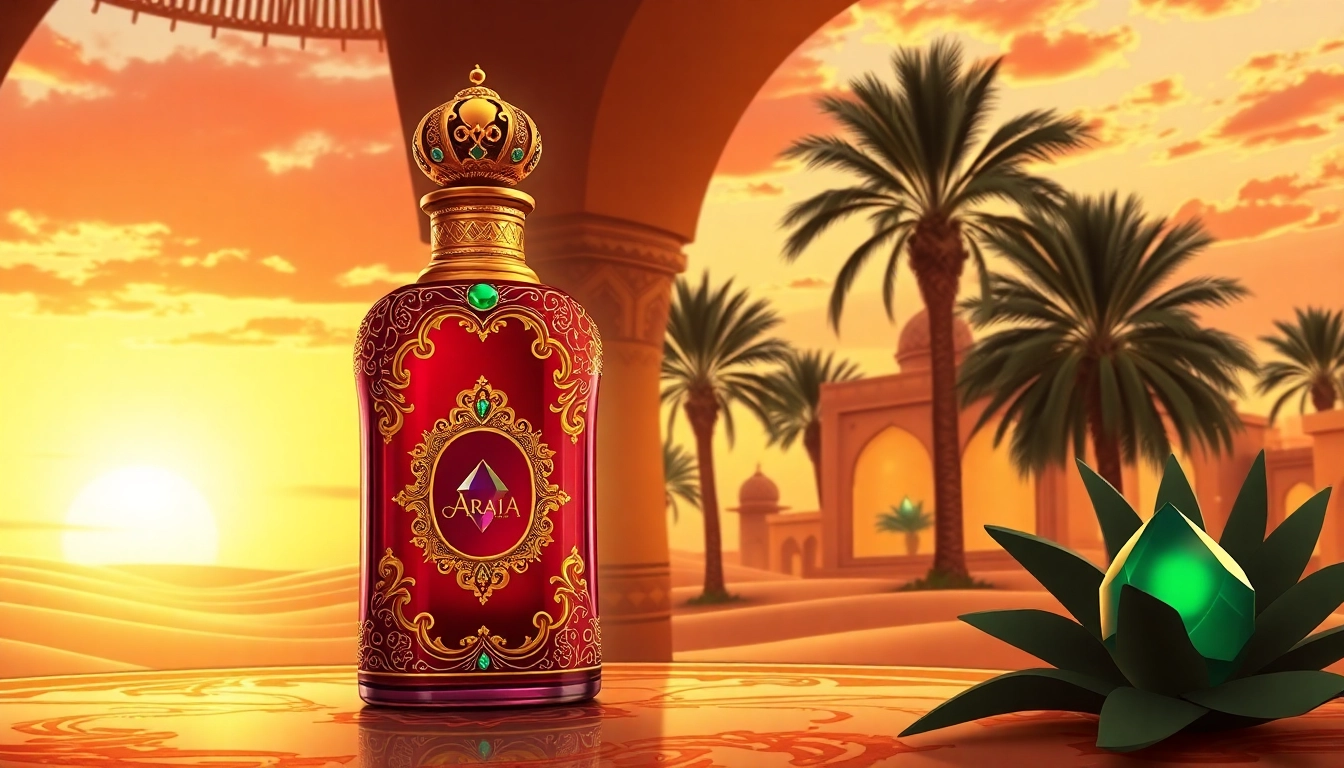 Capture the essence of arabian perfume with an ornate bottle against a lavish desert backdrop.