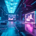 Futuristic digital landscape representing AI-generated porn ai content with vibrant neon aesthetics.