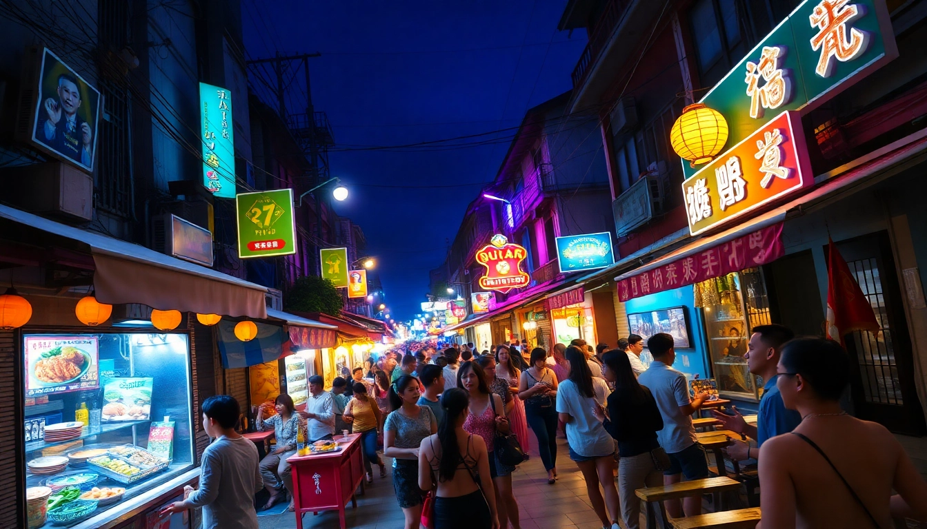 Vibrant scene of 베트남밤문화 showcasing nightlife with neon lights and lively crowds.