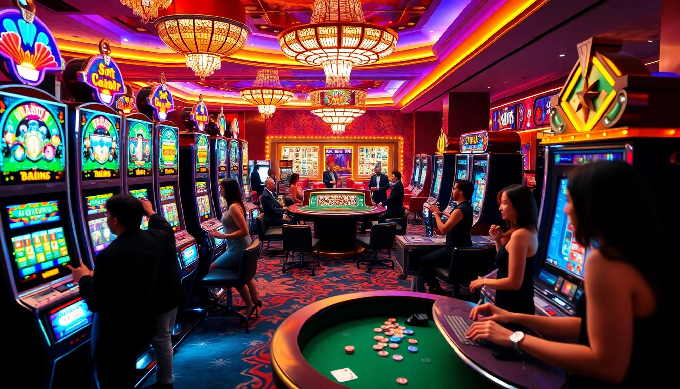 Experience Slot Gacor Hari ini at a vibrant casino filled with joyful players enjoying slot machines.