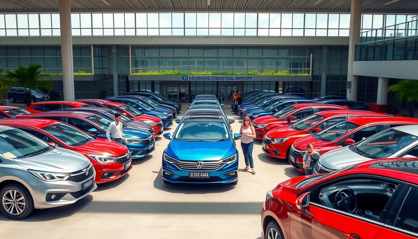 Kuching rent car options at the airport, showcasing vibrant cars and happy travelers.