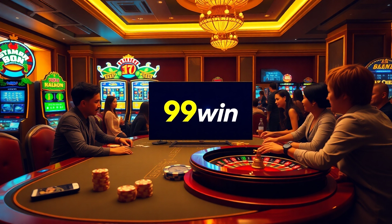 Players enjoying a thrilling game at 99win casino featuring poker chips and a roulette wheel.