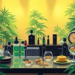 Showcase moonbarguy thcp products in a luxurious cannabis studio with vapes and edibles.