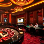 Lc88 players celebrating a win at a vibrant casino table with poker chips and cards.