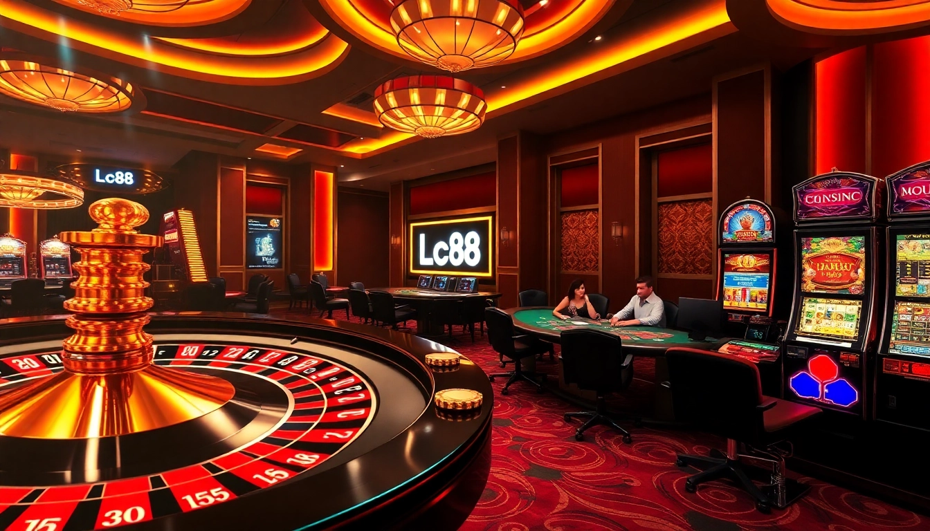 Lc88 players celebrating a win at a vibrant casino table with poker chips and cards.