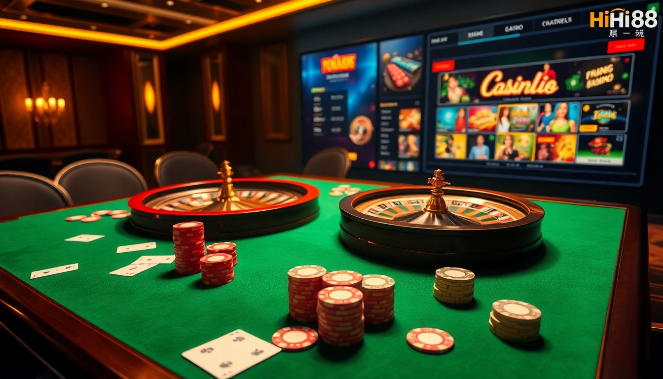 Exciting gambling atmosphere showcasing Trang chủ Hi88 with casino tables and vibrant game visuals.