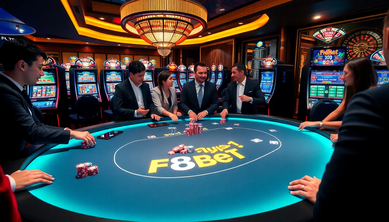 Players enjoy a thrilling game at an F8Bet poker table in a vibrant casino environment.