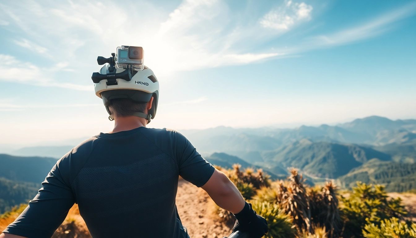 Dynamic cyclist capturing adventure with アクションカメラ on mountain trail.