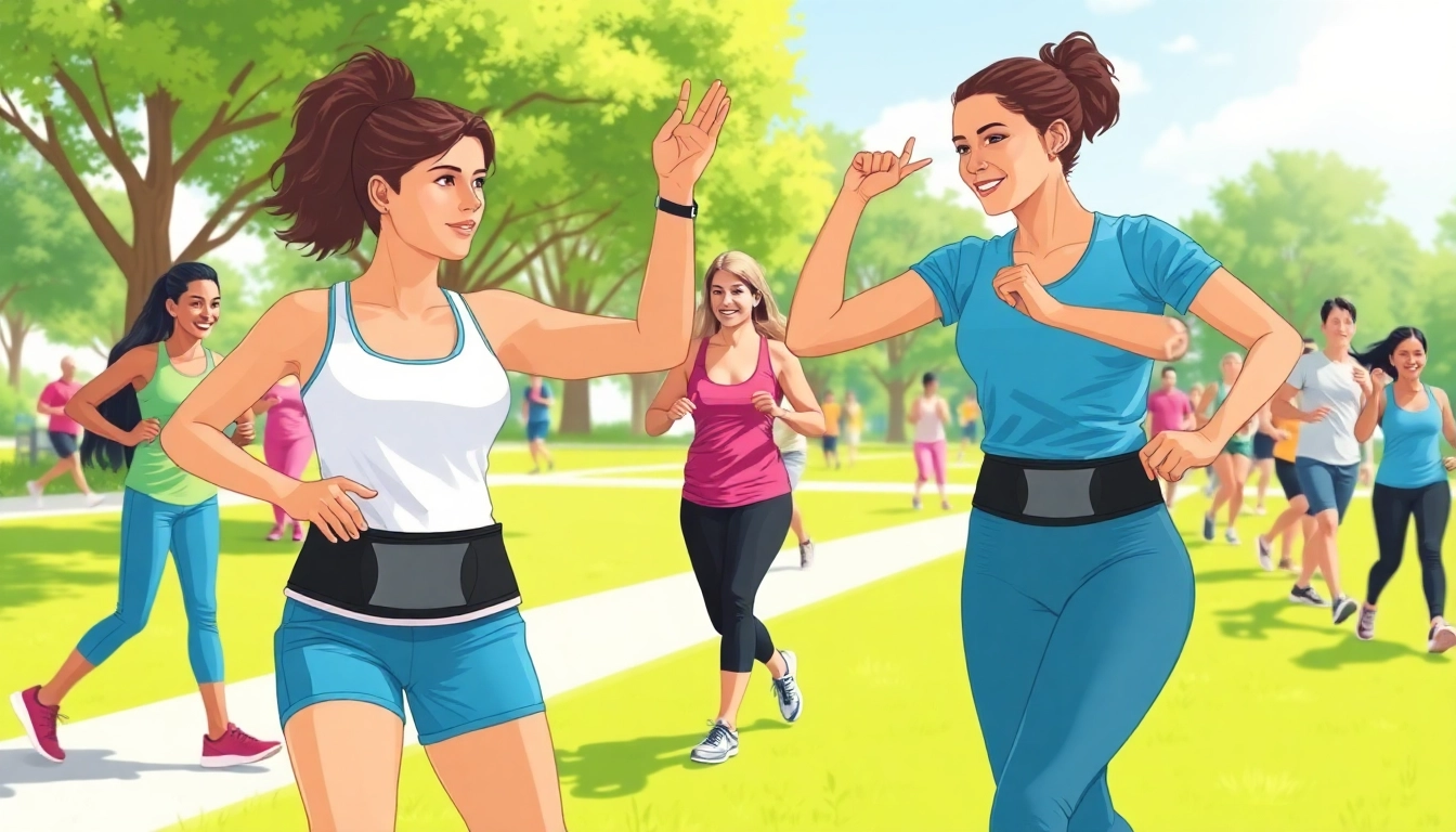 Hip brace for hypermobility worn by diverse individuals exercising outdoors, showcasing support and activity.