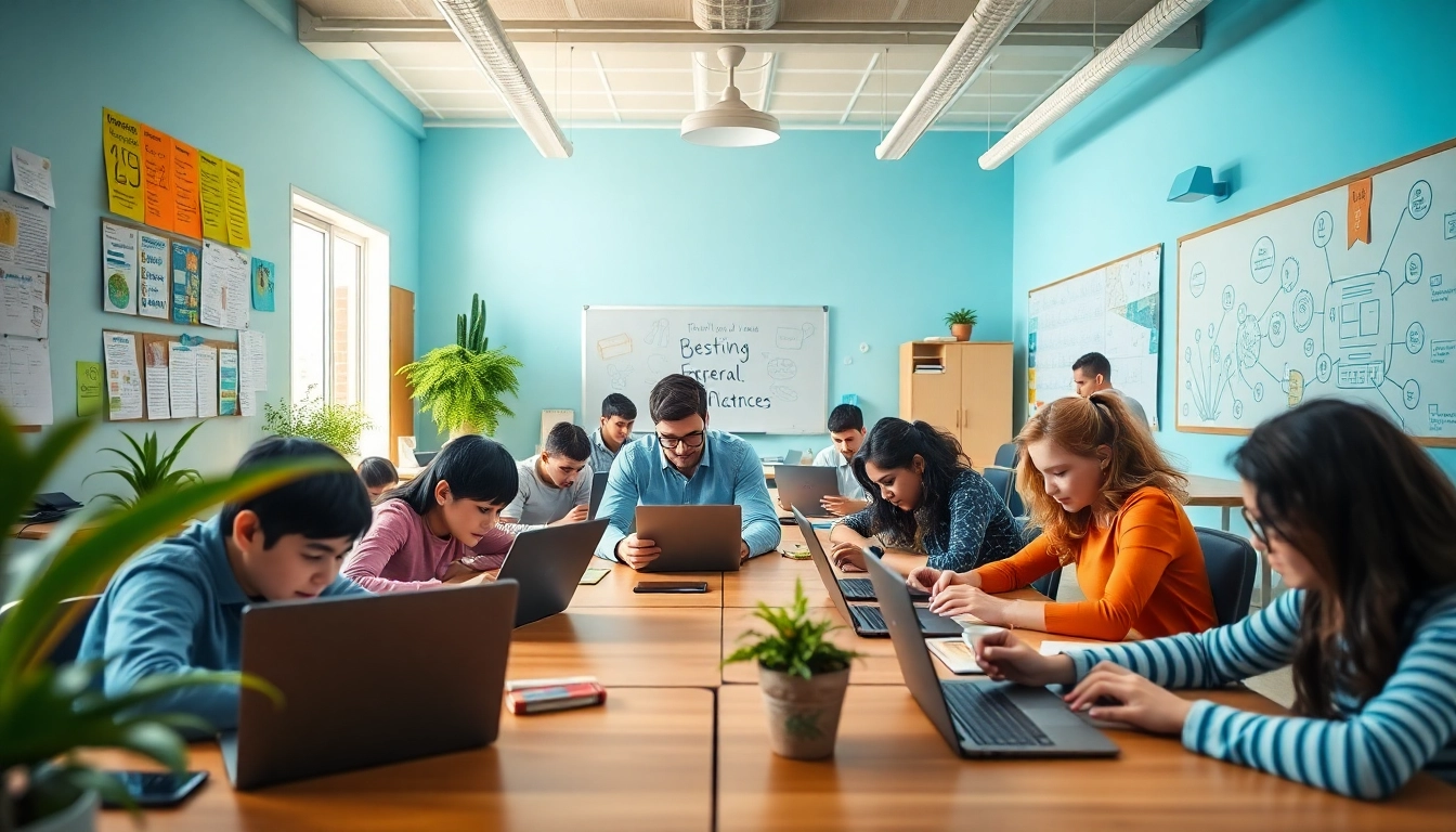 Dynamic digital learning scene at lifepp.click featuring engaged students, laptops, and vibrant classroom.